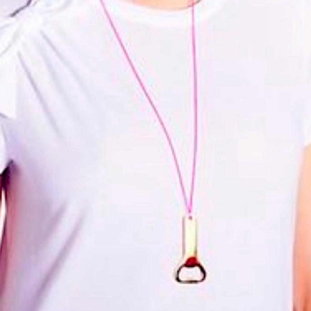 RARE Kate Spade Bottoms Up Gold Plated Bottle Opener Pendant Necklace Neon Pink